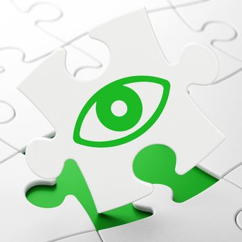 Protection concept: Eye on White puzzle pieces background, 3D rendering