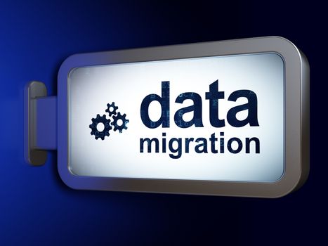 Information concept: Data Migration and Gears on advertising billboard background, 3D rendering