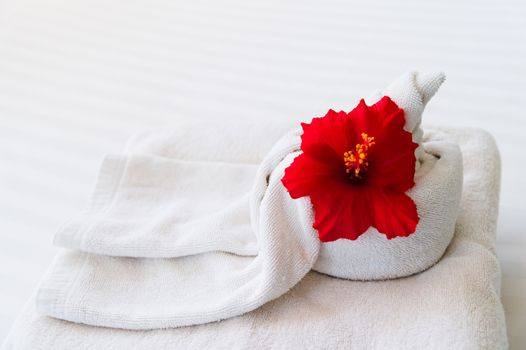 white towel with a flower on white background