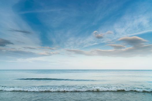 blue sky with clouds and wave on sea