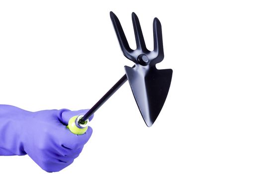 Hand in glove with garden tool on white background