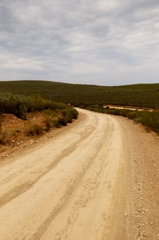 Cloudy and moody day on the dirt road with grass on the sides with the mountains ahead.