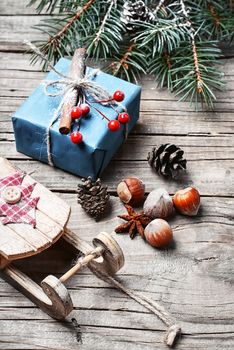 Christmas card with old fashioned Christmas sleigh of Santa Claus and Christmas gifts