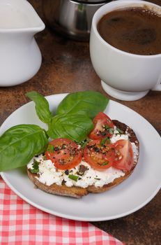 Bruschetta with ricotta and cherry tomatoes seasoned   spices, basil