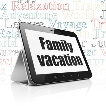 Vacation concept: Tablet Computer with  black text Family Vacation on display,  Tag Cloud background, 3D rendering