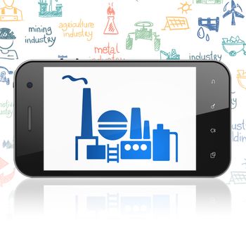 Manufacuring concept: Smartphone with  blue Oil And Gas Indusry icon on display,  Hand Drawn Industry Icons background, 3D rendering