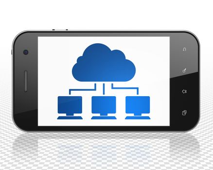 Cloud technology concept: Smartphone with blue Cloud Network icon on display, 3D rendering