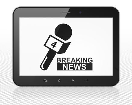 News concept: Tablet Pc Computer with black Breaking News And Microphone icon on display, 3D rendering