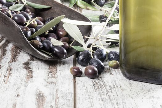 Olive oil and Olive on wood