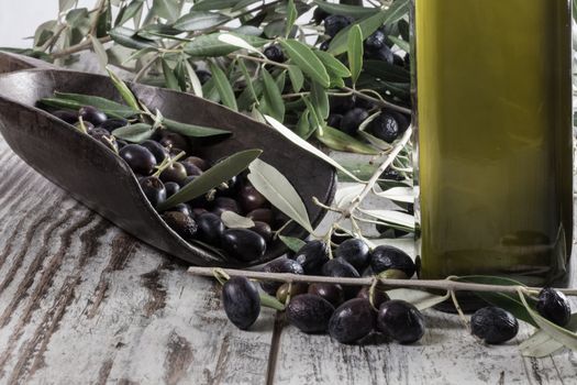 Olive oil and Olive on wood