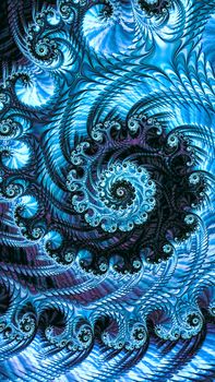 Abstract lacy spiral - computer-generated image. Fractal geometry: repetitive swirls and spirals form a bizarre voluminous ornament. Vertical composition. For desktop wallpaper, prints, web design 