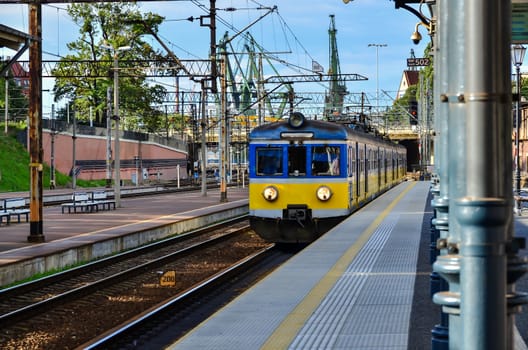 Train on railway platform in Gdansk-Poland, standing train set on tracks, railroad junction.