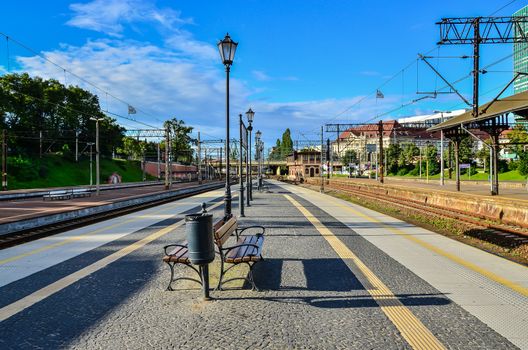 Train on railway platform in Gdansk-Poland, standing train set on tracks, railroad junction.