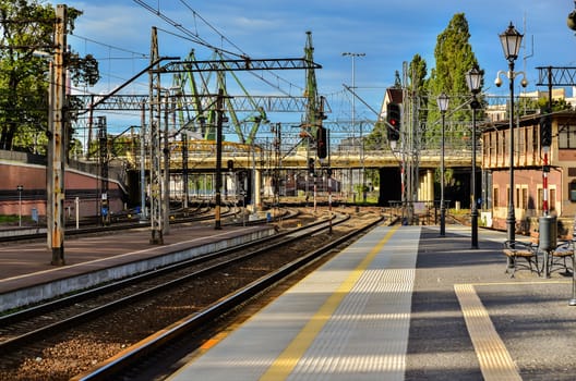 Train on railway platform in Gdansk-Poland, standing train set on tracks, railroad junction.