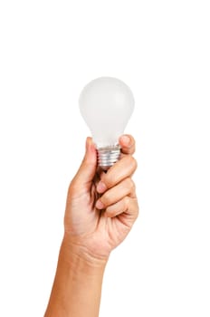 Hand holding an incandescent light bulb isolated on white background, Save clippint path.