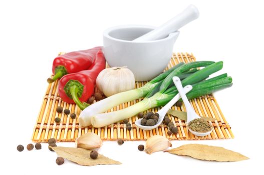 Vegetables and spices isolated on white background