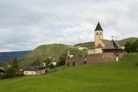 Seis Am Schlern, IT- September, 18. Panoramic view of Holy Cross Parish of Seis Am Schlern