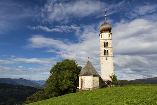 Seiser Alm Schlern, IT- September 19. View of a Saint Valentine church in a sunny day