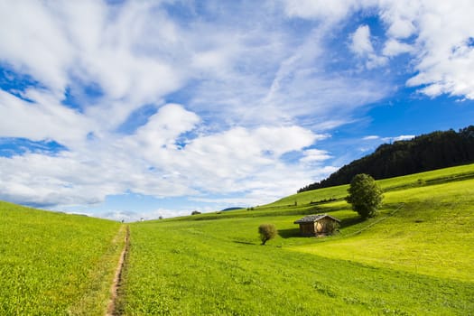 Panoramic view of green fields, blue sky with clouds in Seiser Alm