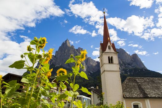 Seiser Alm Schlern, IT- September 19. Botton view of the St. Mary's Assumption with sunflowers in the foreground and Seiser Alm on the background