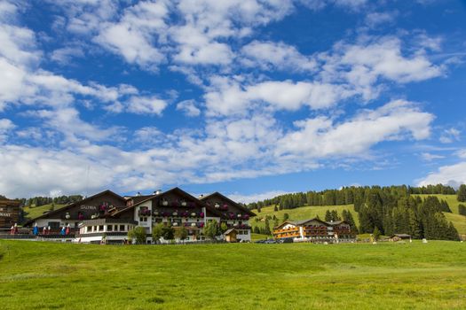 View of a group of houses in the village of Saltria in Seiser Alm