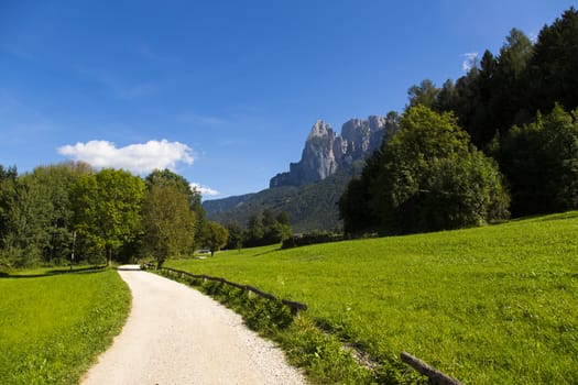 View of a passable trail walk with green fields and mountain range in the background and bllue sky