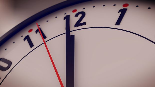  3d rendering of Hands pointing to midday on clock face. Closeup.