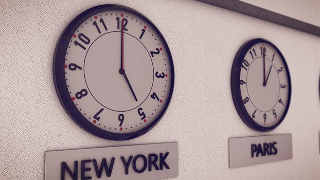 3d rendering of Clocks on wall (New York and Paris), symbol for Greenwich Mean Time