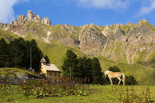 Mountain landscape wiyh horse in the foreground with church and mountains in the background in a sunny  day