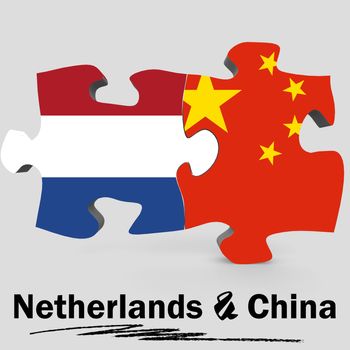 China and Netherlands Flags in puzzle isolated on white background, 3D rendering