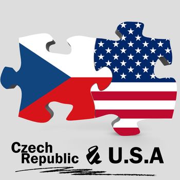 USA and Czech Republic Flags in puzzle isolated on white background, 3D rendering