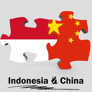 China and Indonesia Flags in puzzle isolated on white background, 3D rendering