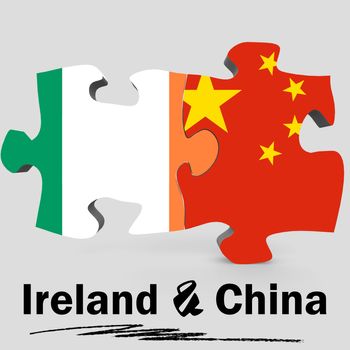 China and Ireland Flags in puzzle isolated on white background, 3D rendering