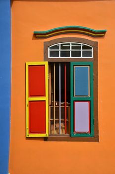 Colorful windows and details on a colonial house in Little India, Singapore