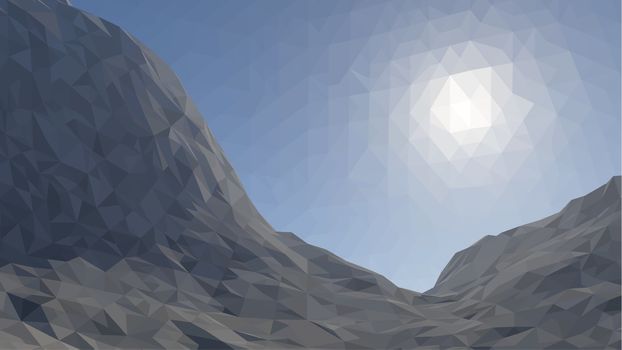 Mountains background with sun in glacier. illustration of many triangles.