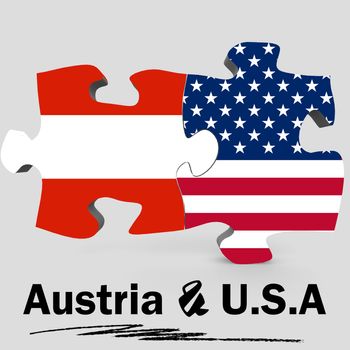 USA and Austria Flags in puzzle isolated on white background, 3D rendering