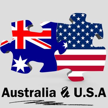 USA and Australia Flags in puzzle isolated on white background, 3D rendering
