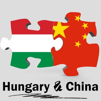China and Hungary Flags in puzzle isolated on white background, 3D rendering