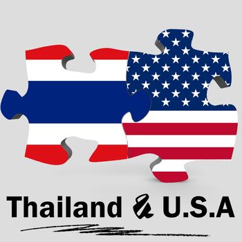 USA and Thailand Flags in puzzle isolated on white background, 3D rendering