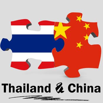 China and Thailand Flags in puzzle isolated on white background, 3D rendering