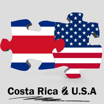 USA and Costa Rica Flags in puzzle isolated on white background, 3D rendering