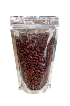 Red Kidney Bean raw in packaging foil zip lock bag. Isolated on white with clipping paths.