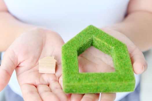 hand holding green house icon concept