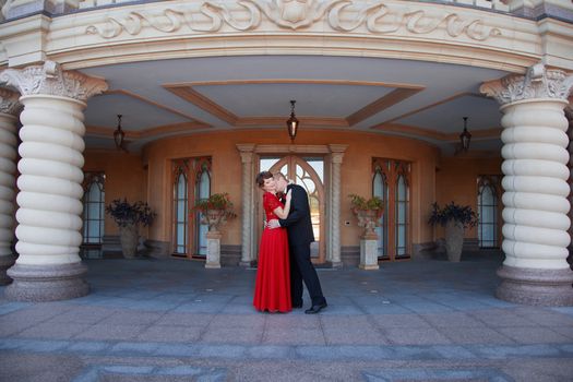 Newlyweds tenderly embraced in the park