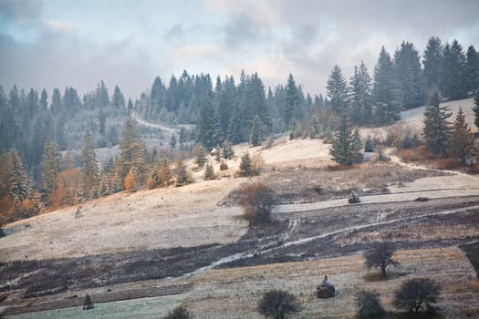 First snow on the Carpathian mountains hills