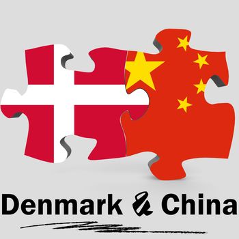 China and Denmark Flags in puzzle isolated on white background, 3D rendering