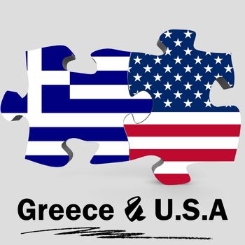 USA and Greece Flags in puzzle isolated on white background, 3D rendering