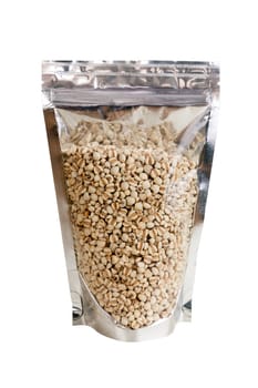 cereal Job's tears raw in packaging foil zip lock bag. Isolated on white with clipping paths. A Chinese plant used in traditional medicine.