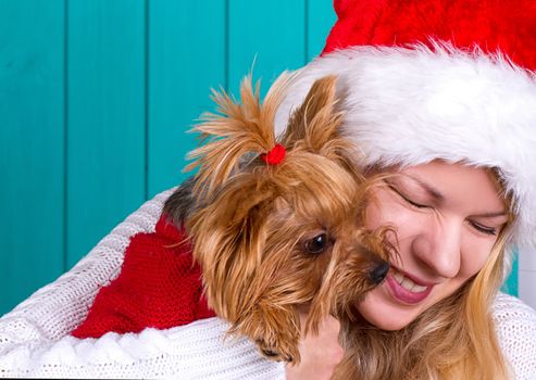 Beautiful girl in santa cap with yorkie dog in red sweater