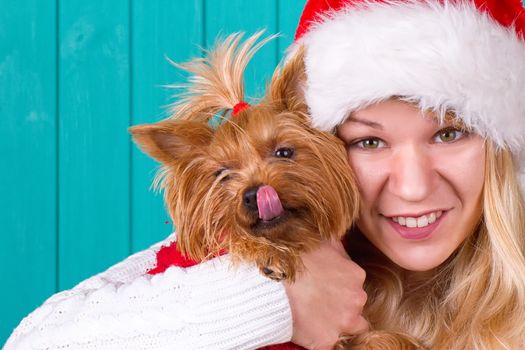 Beautiful girl in santa cap with yorkie dog in red sweater